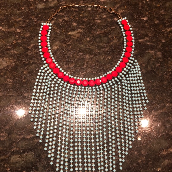 RED BLUE BEED FRINGE NECKLACE CHOKER - Picture 2 of 5